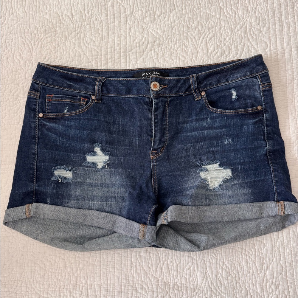 Wax Jean Women's Dark Blue Distressed Jean Shorts